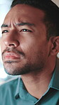 Thinking, reading and online with business man in office for research, error and troubleshooting solution. System logs, confused and 404 glitch with person in agency for problem solving and review