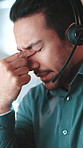 Office, businessman and stress with headache for call center, sales mistake or pressure for deadline. Night, male person and consultant with pain for customer service fail, migraine and technology