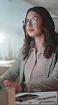 Woman, typing and documents at startup, night and admin with project management at media company. Person, writer and editor with computer, paperwork and review for article with research at agency