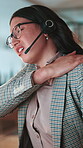 Office, hurt and woman in call center with back pain, stress or muscle injury with bad posture in night. Uncomfortable, overtime or agent for anatomy with spine inflammation, burnout or scoliosis
