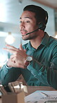 Consultant, explain or man on computer for customer service chat, overtime and loan. Hands, financial advisor or finance questions with call center headset in night for solution and banking limit