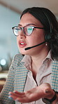 Agent, woman and talking on computer for customer service chat, sales consulting and loan help. FAQ, financial advisor or finance questions with call center headset for solution and banking limit