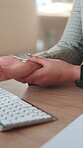 Business, woman and massage with wrist pain in office of arthritis, strain injury and muscle ache. Hands, person and joint inflammation from typing on keyboard, discomfort and carpal tunnel syndrome