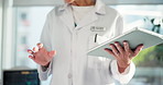 Hands, person and doctor explain with tablet for medical report, surgery results and feedback. Surgeon, consulting and digital for treatment plan, recovery advice and healing procedure for healthcare