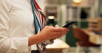 Hands, smartphone and texting at startup, typing and night for contact for networking, deal and chat. Person, phone and communication with mobile app, click and check notification at creative agency