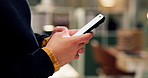 Hands, phone and texting at startup, office and night with contact for deal, networking or chat. Person, smartphone and communication with mobile app, scroll and check notification at creative agency