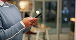 Typing, hands and business woman with mobile for journalism, research or verify email source at night. Phone, deadline and worker in creative office for news report, fact checking or editing headline