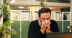 Sick, businessman or blowing nose with tissue on laptop for influenza, sinus or allergies at office. Man, employee or administrator with sneeze, cold flu or hayfever for virus or viral infection