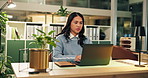 Business, woman and laptop in office at night for bookkeeping, schedule update and report. Thinking, person and pc with ideas for tax audit, financial data entry and budget planning for working late