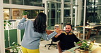 Office, dance and colleagues with high five, greeting and smile for new project, night shift or good mood. Walk, excited woman and coworkers in workplace with handshake, friendship or fun in overtime