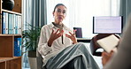 Patient, woman and therapist in counseling for mental health, discussion and recovery support for anxiety. Therapy, psychologist and person explain for consultation, communication, notes in session