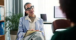 Therapist, woman and patient in consultation for mental health, discussion and recovery support for anxiety. Therapy, psychologist and person for counseling, trauma and advice in session for stress