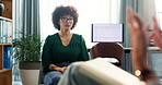 Psychologist, woman and talk in consultation for mental health, discussion and recovery support for anxiety. Patient, therapist hands and person with counseling, trauma and conversation in session
