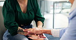 Therapist, patient and hands together with anxiety, stress and therapy for trauma and counselling. Psychology, person and nervous with mental health in clinic for consultation, grief and support