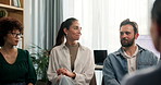Business, counseling and introduction with woman in group therapy session for consulting or psychology. Discussion, meeting or support with employee people in office for assistance or communication