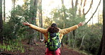 Woman, back and hiking with open arms in forest for fresh air, freedom or outdoor adventure. Female person, hiker and walking with backpack in relief for trekking journey or natural scenery in nature