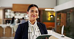 Face, happy and tablet with hotel concierge in lobby for accommodation, planning or reservation. App, booking and hospitality with smile of Asian woman at work in reception for resort management