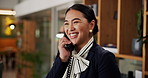 Phone call, woman and concierge at front desk in hotel for booking reservation or view appointment. Hospitality, customer care and receptionist with communication for room service at accommodation.