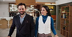 Business, people and walk with luggage at hotel for discussion, work trip and seminar event. Man, woman and talking with suitcase for travel, corporate journey and booking reservation for convention