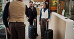 Hotel, luggage and people handshake with concierge for business travel, welcome and accommodation. Hospitality, colleagues and shaking hands with employee for check in, arrival and escort assistance