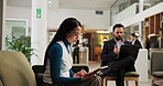 Hotel, guest and business people with tablet, lobby and woman with tech for financial report or web. Online, customer and man with laptop for project, hospitality and typing for research in motel