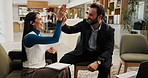 Business, people and tablet with high five at hotel for good news, success and collaboration. Happy, staff and fist bump for online contract deal, team achievement and celebration for project winner
