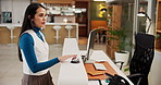 Hotel, reception and woman with bell to press, request assistance or urgent attention for service. Person, waiting or buzzer on front desk for booking, reservation or concierge signal for hospitality