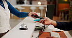 Hands, reception or guest with phone payment for hotel booking, reservation or accommodation. Hospitality, concierge service or people with machine for contactless transaction, assistance or check in