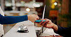 Hands, reception or guest with credit card payment for hotel booking, reservation or accommodation. Hospitality, concierge service or people with machine for contactless transaction, help or check in