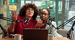 Face, mic or people in podcast with team, live stream or host for talk show on online platform. Audio conversation, friends or streamers with technology for news update, chat or hug for broadcast