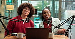 Radio, podcast or people in office with mic, live stream or host for talk show on online platform. Audio conversation, friends or streamers with headphones for news update, chat or tech for broadcast