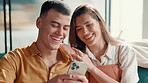 Phone, laugh and couple on sofa in home for social media scroll together for funny post. Relax, happy and man with woman reading goofy blog on mobile app with cellphone in living room at apartment.