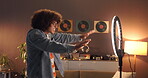 Recording, ring light or man with dancing in home at night for social media, tutorial or routine. Content creation, influencer and live streaming for dancer challenge, online audition and performance