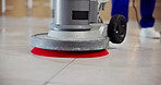 Janitor, feet and polishing machine on tiles for cleaning, building maintenance or office hygiene. Person, workplace or equipment on wet floor for service, shining interior or hospitality in business