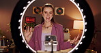 Fashion, influencer and woman with ring light in home for live streaming, social media and broadcast. Content creator, audience and person with outfit review for recording, video and styling tips