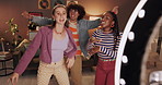 Happy, ring light and friends in home dance for social media, recording and post on internet. Influencer, content creator and people with energy for performance, viral video and online tutorial