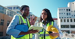 Conversation, engineering and women with tablet, outdoor and teamwork with support. People, construction site or architecture with employees, tech or cooperation with schedule for project or New York