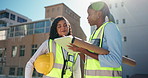 Teamwork, engineering and women with tablet, outdoor and construction site with cooperation. People, renovation and architecture with employees, tech and with schedule for project and real estate