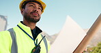City, man or builder thinking on site for renovation, engineering inspection or project management. Below, inspector or contractor in construction job for development with ideas, review or blueprint