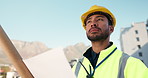 Thinking, man or builder on site for renovation, engineering inspection or project management. Vision, inspector or contractor in construction industry for development with ideas, review or blueprint