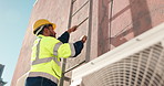 Man, contractor and climbing wall on ladder with vent for rooftop installation or construction. Low angle, back view or electrical technician moving up steps for air condition maintenance or service
