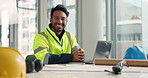 Portrait, happy man or architect on laptop for floor plan, engineering planning or project inspection. Office, proud or contractor in construction job with smile, development research or blueprint
