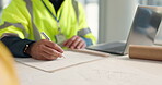Hands, person or architect drawing for floor plan, engineering planning or project inspection. Research, design or contractor in construction job for city development with check, review or blueprint
