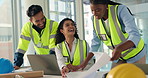Architecture, happy and people on laptop in meeting for design, floorplan and building project. Construction agency, teamwork and workers with blueprint, documents and computer for urban planning
