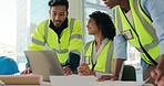 Construction, teamwork and people on laptop in meeting for design, floorplan and building project. Architecture, office and workers with blueprint on computer for website, research and planning