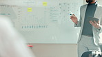 Man, hands and whiteboard in office for presentation, business proposal or performance review. Speaker, employee team and tablet in workplace for productivity meeting, sales planning or info feedback