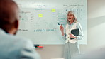 Woman, whiteboard and presentation in office for business proposal, marketing strategy or tasks. Mature speaker, employee team and tablet in workplace for meeting, sales graph or information feedback