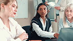 Laptop, meeting and planning with business people in office for teamwork, report and discussion. Collaboration, review and feedback with employees in agency for partnership, proposal and conversation