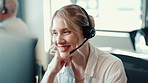 Help desk, call center and business woman on computer for technical advice, feedback or crm. Customer service, smile and consultant speaking with headset for it support, contact us or troubleshooting