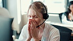 Call center, consultant and headache with woman in office for customer support, fail and debt crisis. Hotline operator, contact us and fatigue with frustrated person in agency for communication